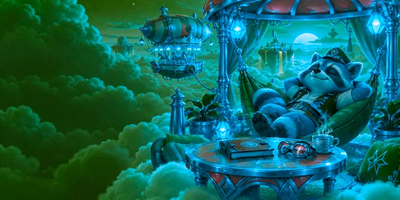 The raccoon captain takes a quiet break in a violet cloud hammock beside a closed flight map
