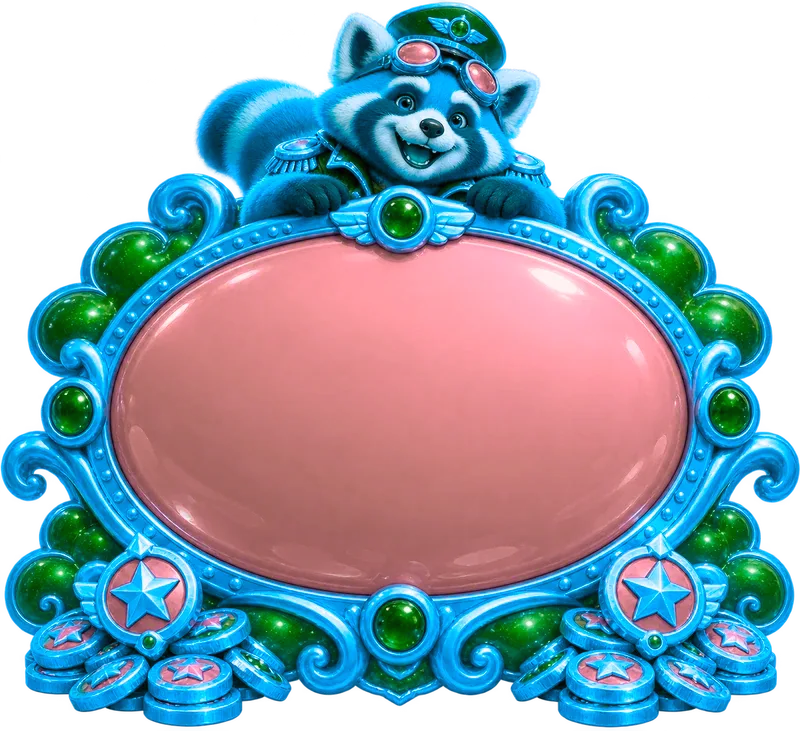 A deeply sculpted turquoise admission shield with a raccoon crest and fictional gold star medallions
