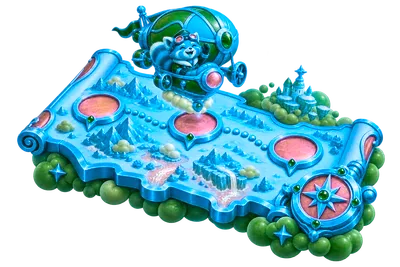 A physical golden flight map connects three turquoise destination wells beside a tiny carnival airship