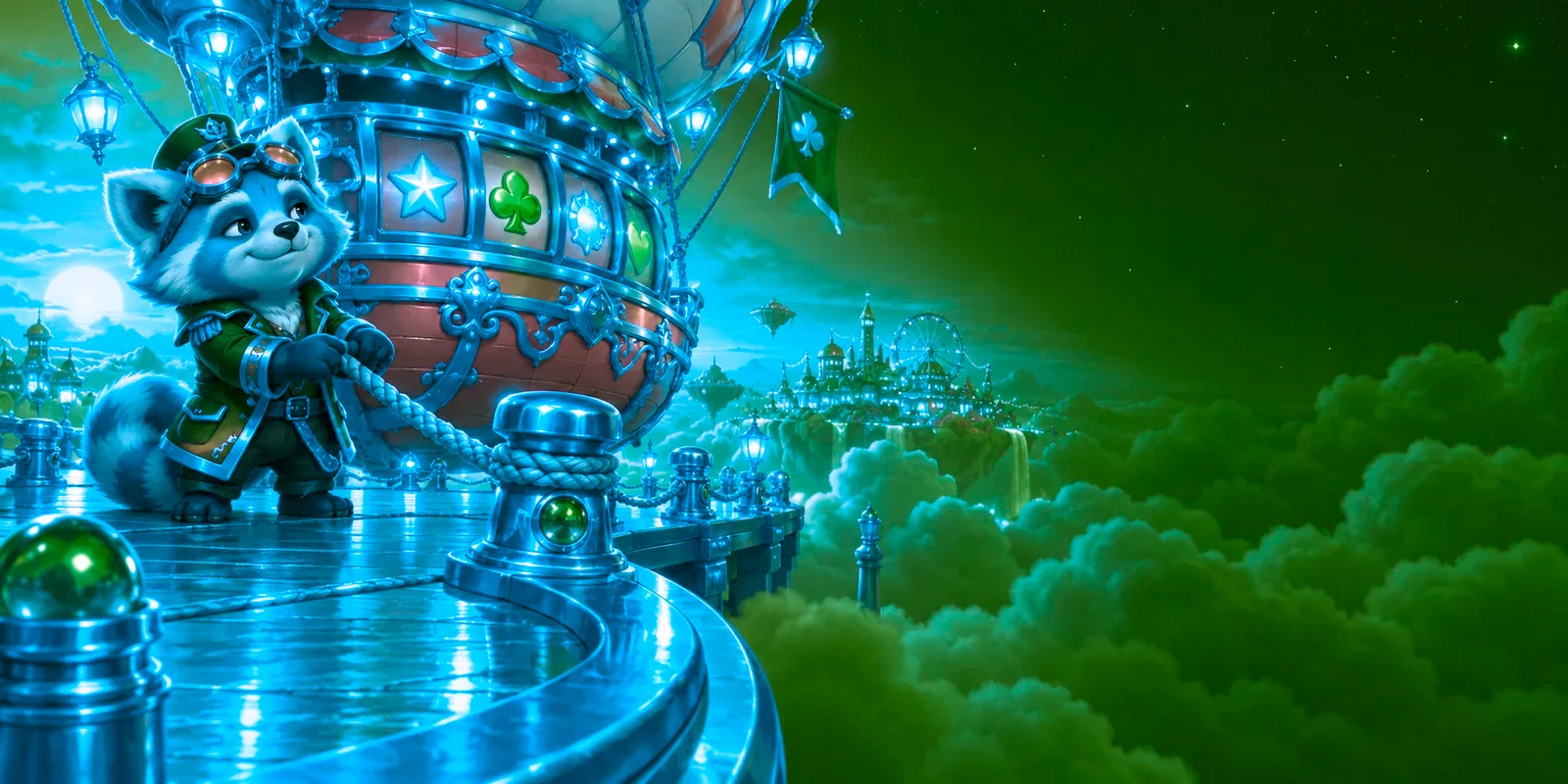 The raccoon captain moors the turquoise carnival airship at a golden cloud dock at sunset